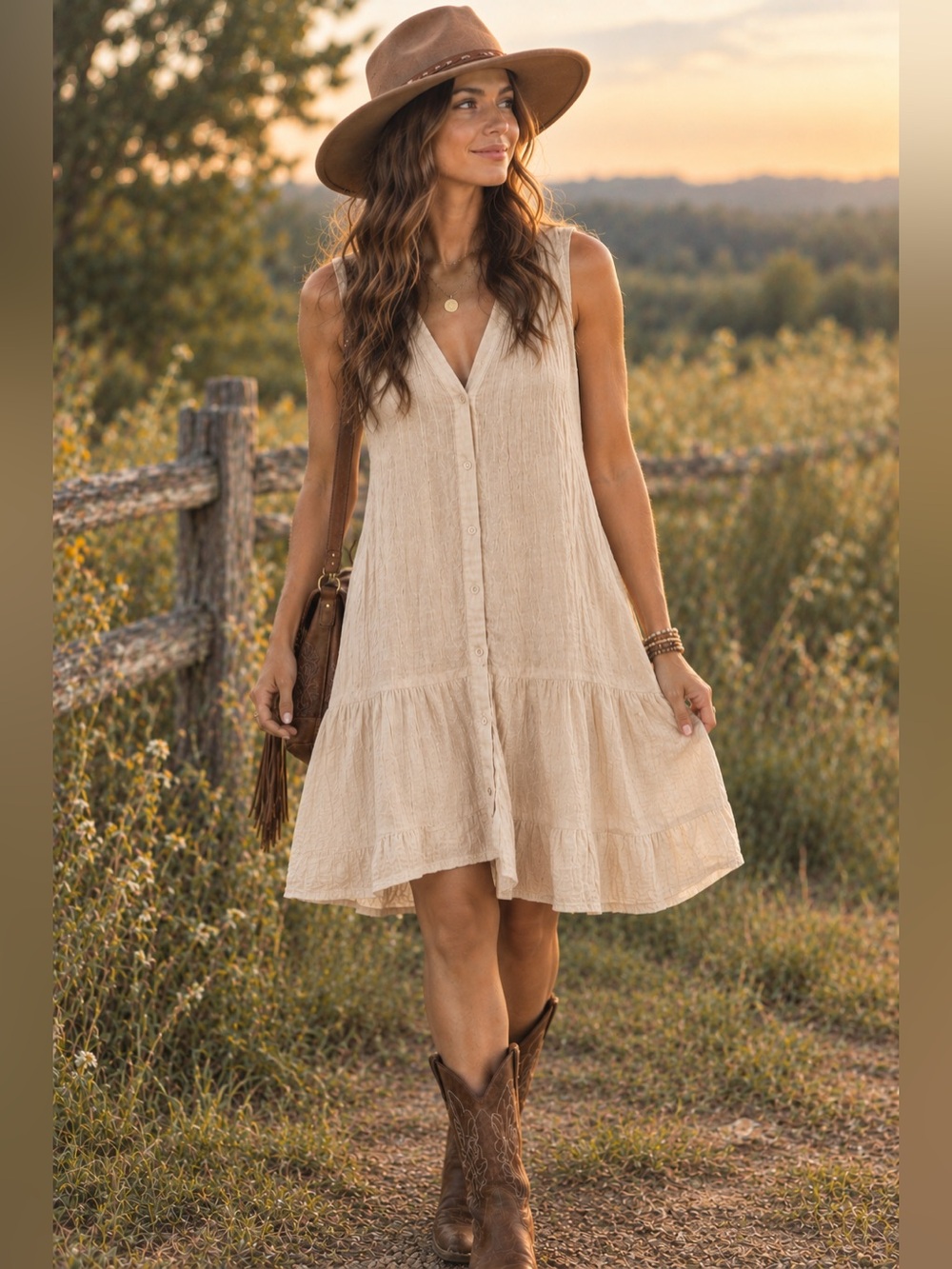 DREW Cream Button-Front Tiered Midi Dress